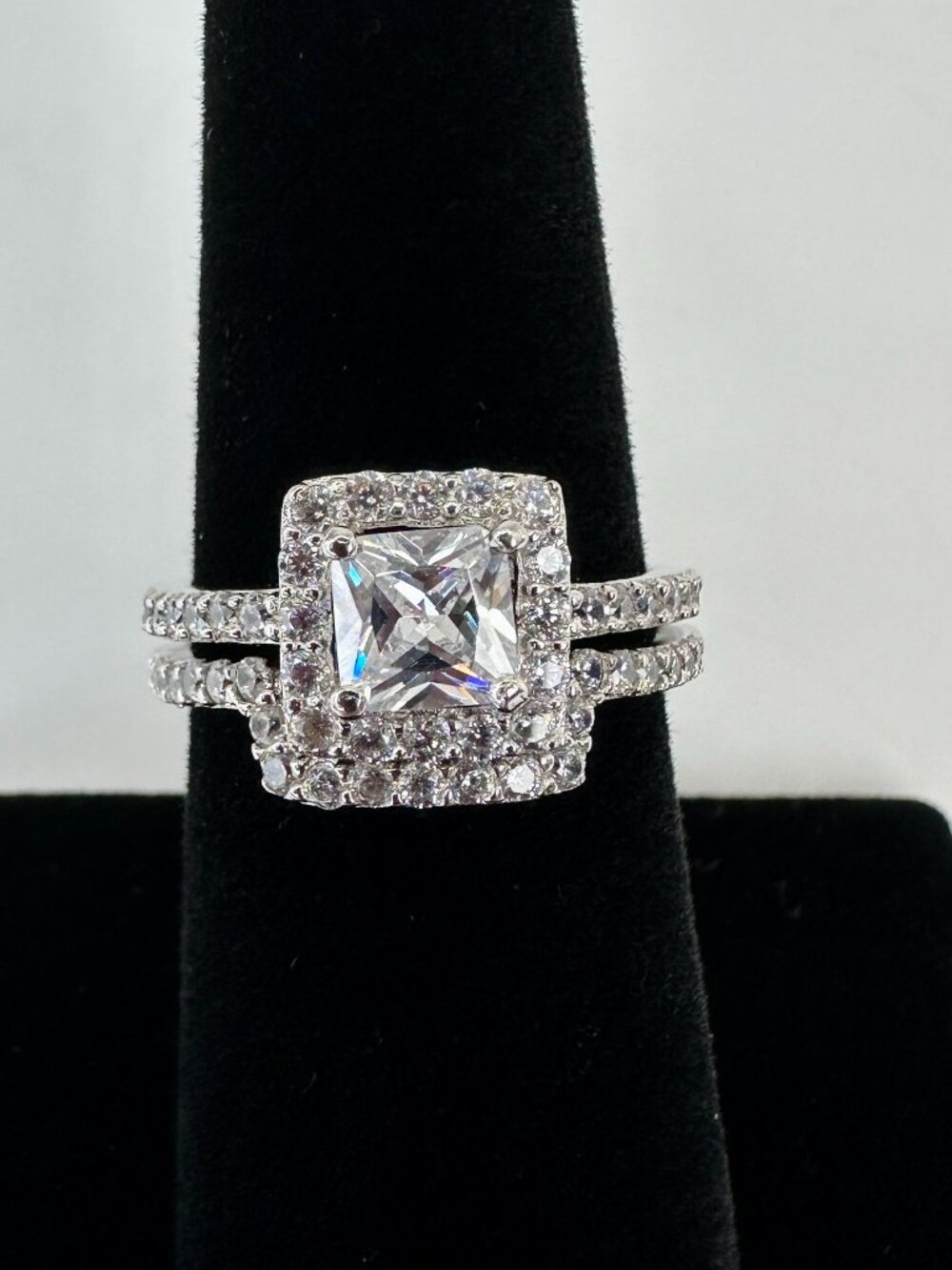 925 Sterling Silver CZ Princess Cut Halo Bridal Ring Set Size 7